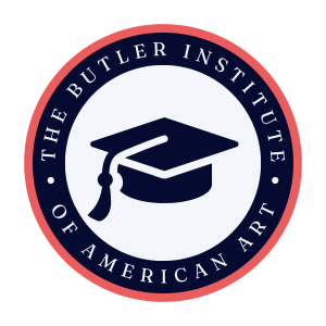 A logo consisting of an open blue circle, bordered by a smaller peach-colored outline, featuring the text "THE BUTLER INSTITUTE OF AMERICAN ART" in white. In the middle of the circle is a graduation cap.
