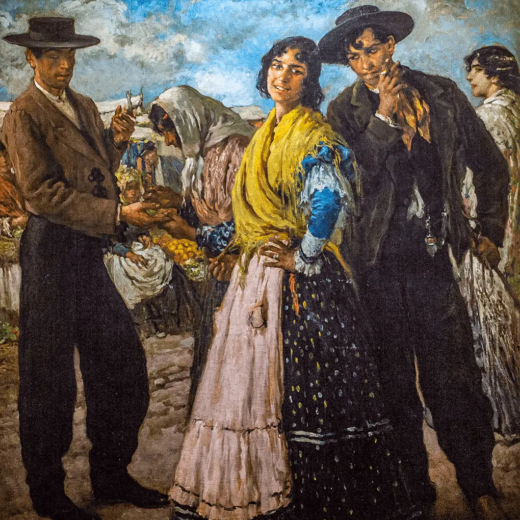 colorful painting of 2 Hispanic men in suits, black wide-brim hats and cigarettes alongside 2 Hispanic women in old-timey dresses and wraps
