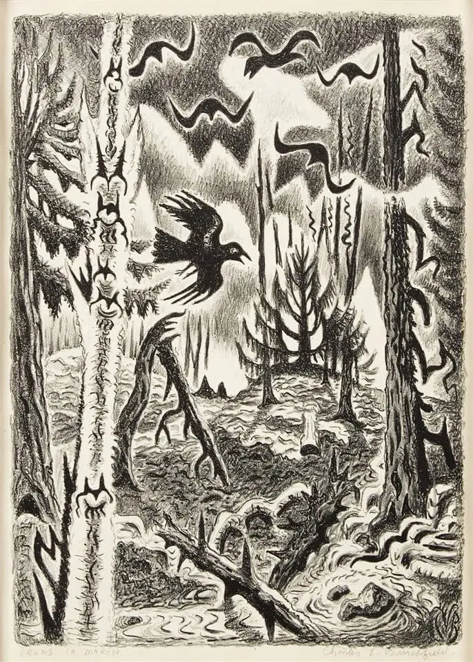 Sentinels-of-Disregard-1000x1000 Black and white illustration of a forest, with empty trees and crows