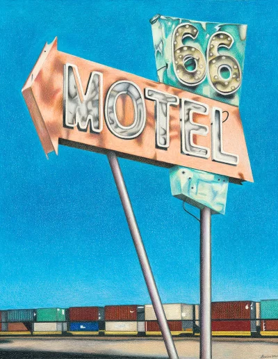 painting of orange and blue motel 66 sign