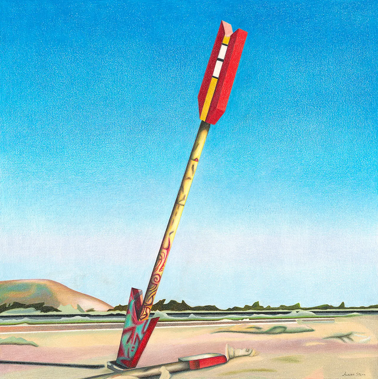 painting of yellow and red arrow in foreground, blue sky dessert in background